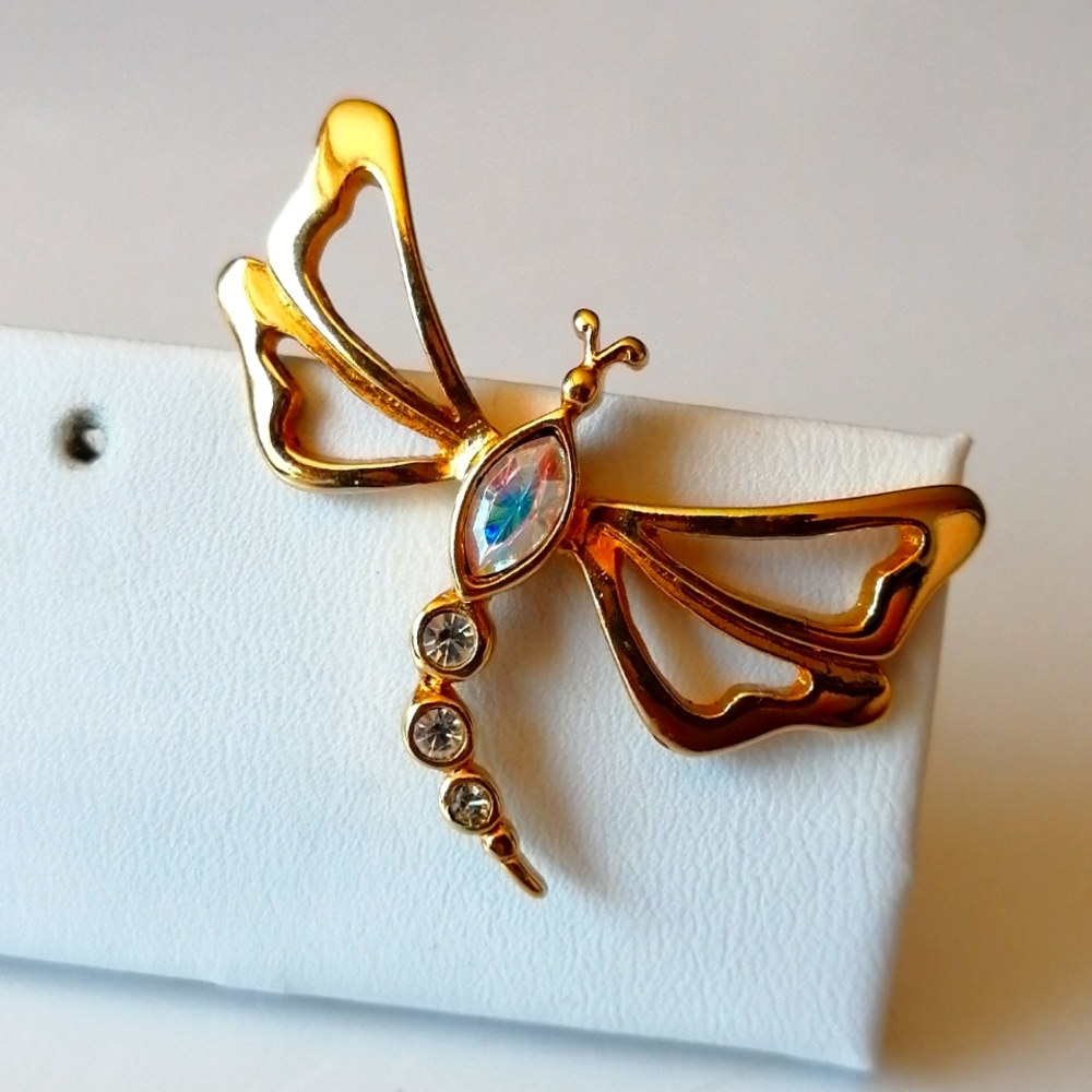 Avon 1993 Dragonfly Nature Garden Marquise Cut AB Stone Pin Unisex